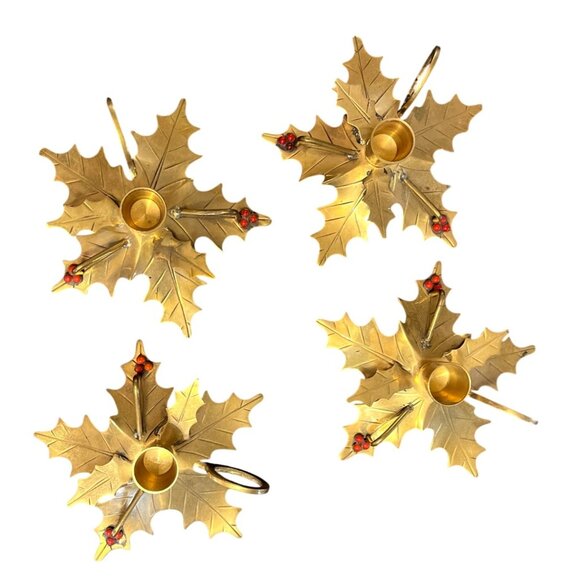 Vtg Brass Holly Berries Chamberstick Candleholder Finger Loop Set of 4 - Picture 2 of 5